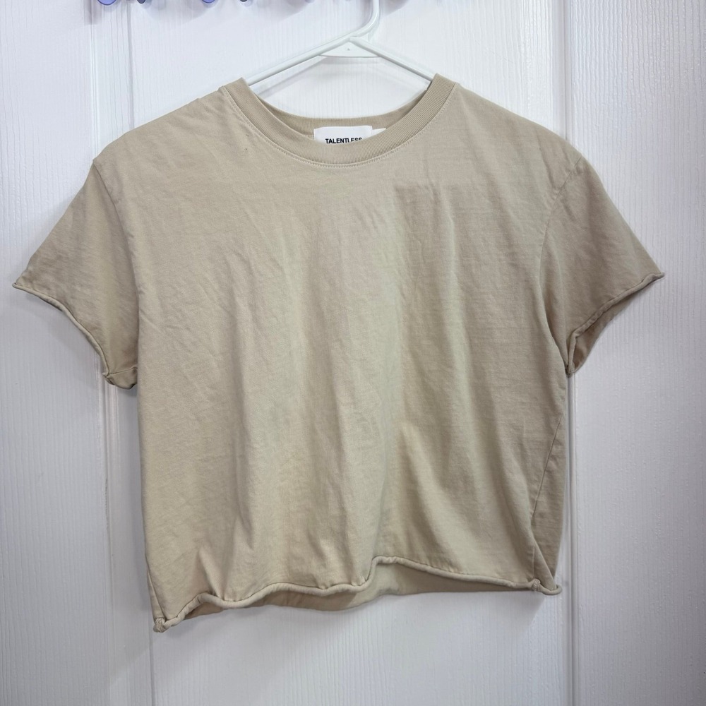 Talentless tan beige cropped short‎ sleeve Crewcut loose relaxed 100% cotton tee